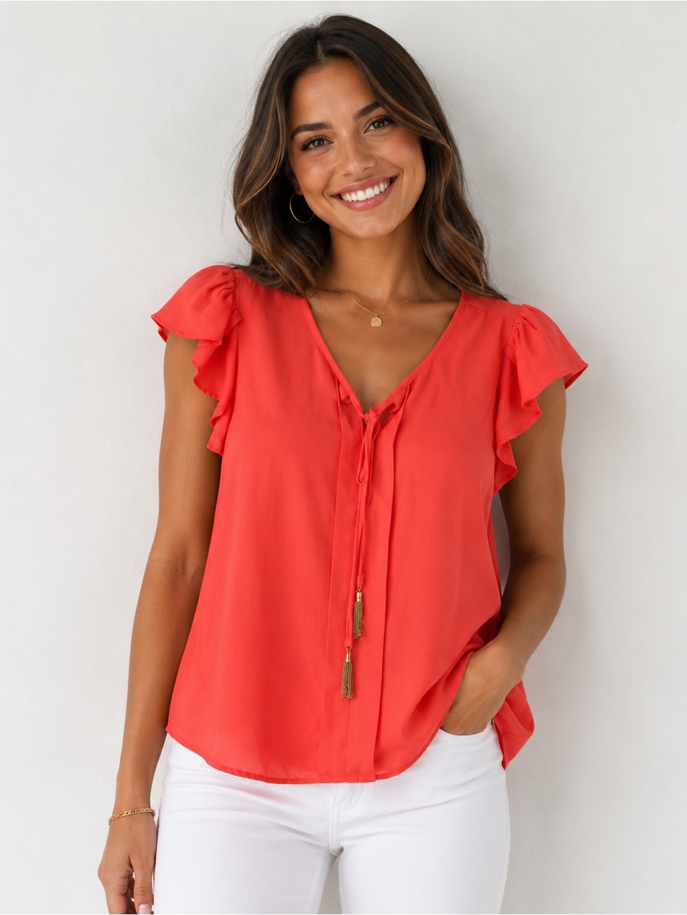 Mine Coral short sleeve tassel tie front Top, Size M‎